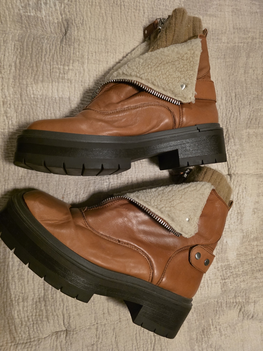 Sam Edelman Tan Leather Shearling-Trim Platform Ankle Boots